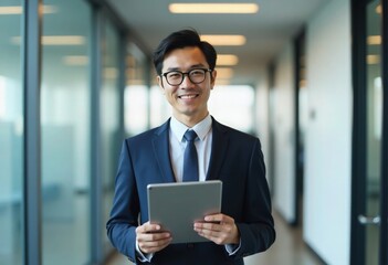 Young Japanese businessman holding a tablet computer in an office hallway with blurred background