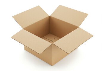An open cardboard box with flaps spread outward, representing packaging or storage, isolated on a white background