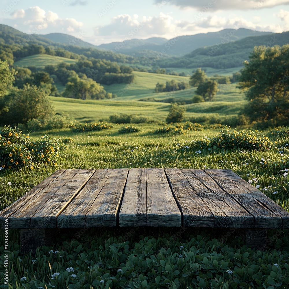 Aufkleber solid wood podium set against the expansive backdrop of a green field and farm creating an ideal emp