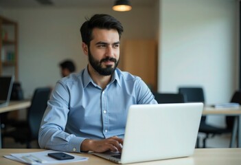 Obraz premium Middle Eastern or European businessman using a laptop in an office