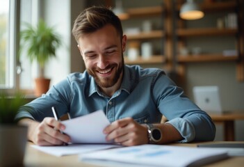 Fototapeta premium A young man is doing his taxes using paperwork at home