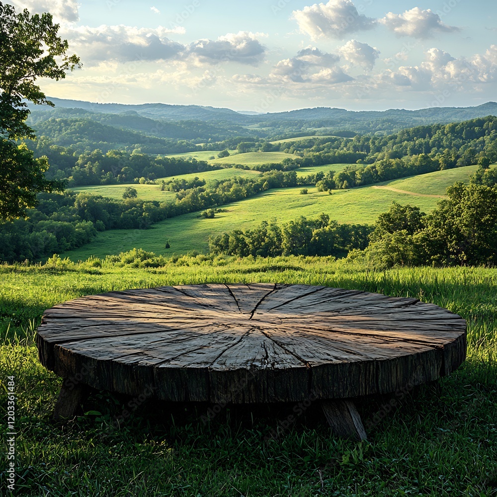 Poster solid wood podium set against the expansive backdrop of a green field and farm creating an ideal emp