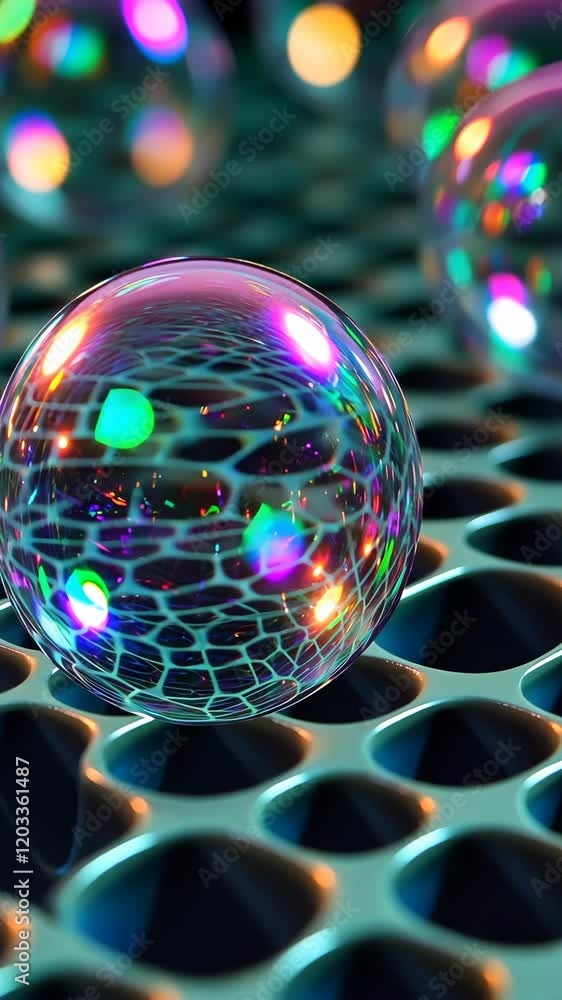 Poster beautiful soap bubbles reflecting colorful lights on a textured surface in a creative display of art