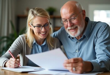 An old man and his wife are doing taxes at home using paperwork