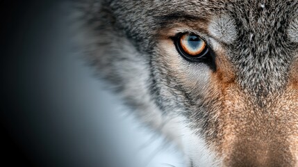  A close up of a wolf's eye with a black background