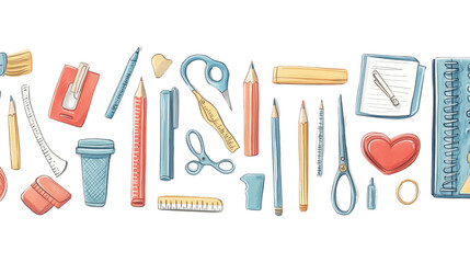 A horizontal decorative border of school supplies, featuring a mix of essential items like pencils, rulers, scissors, glue, and notebooks. The supplies are perfectly aligned