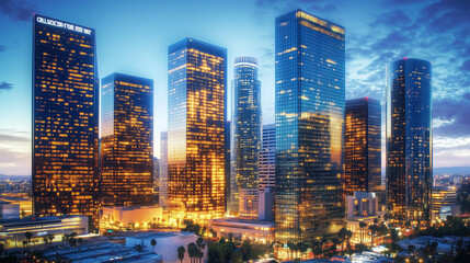 Fototapeta premium City Skyline at Blue Hour with Modern High-Rise Buildings