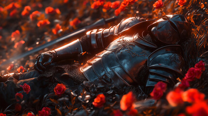 Fallen knight, ornate armor discarded among red flowers