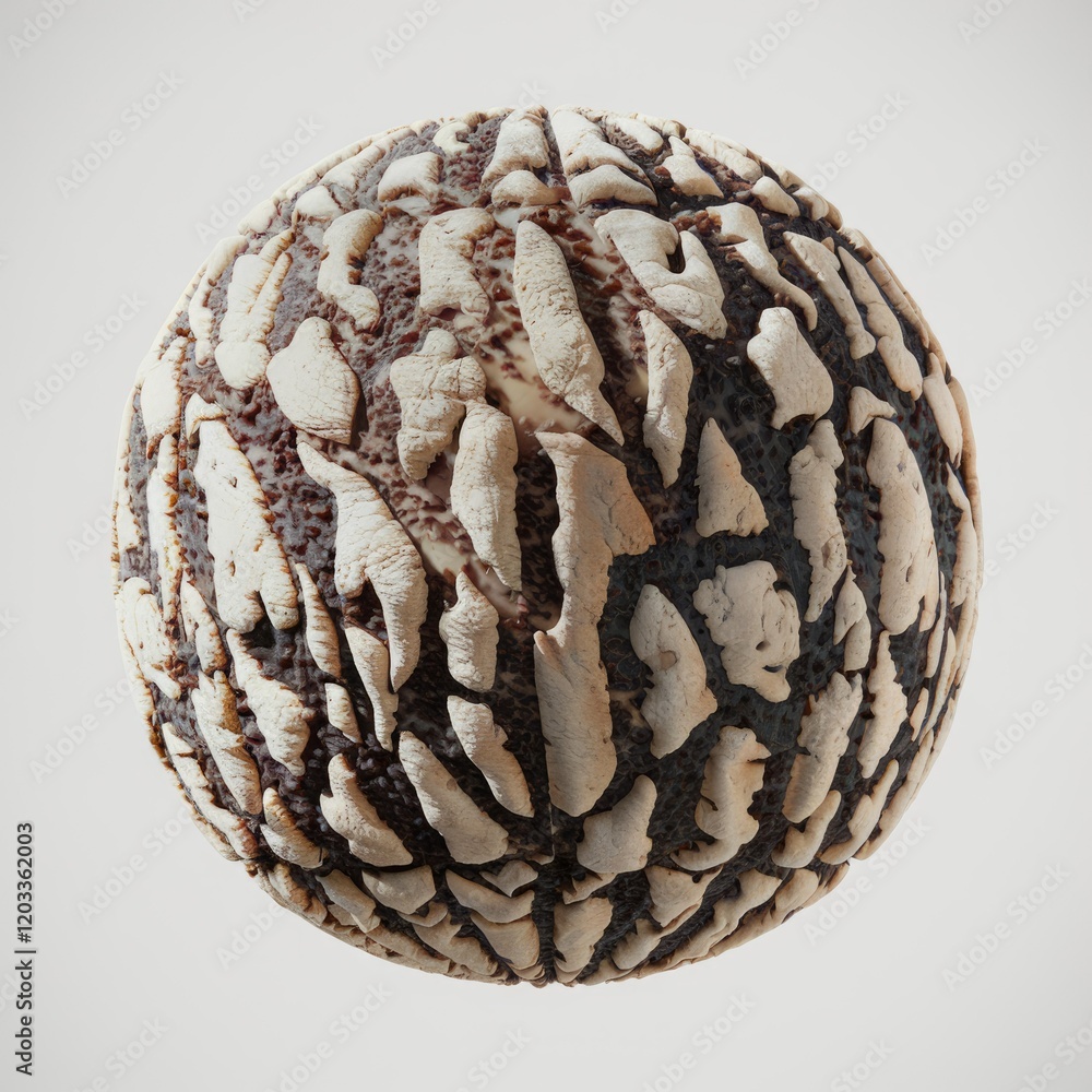 Poster Abstract spherical object with a textured surface featuring a pattern of beige and brown crevices.