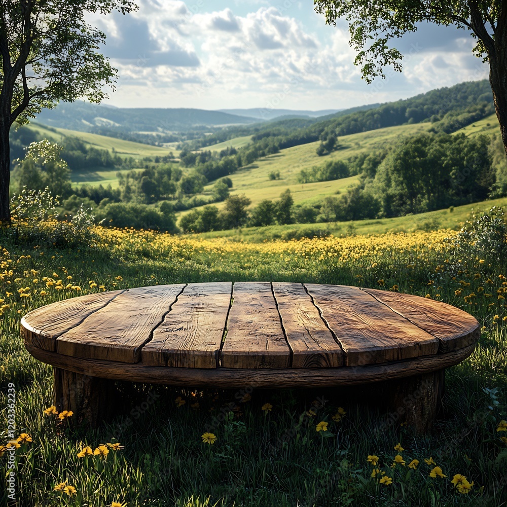Poster solid wood podium set against the expansive backdrop of a green field and farm creating an ideal emp