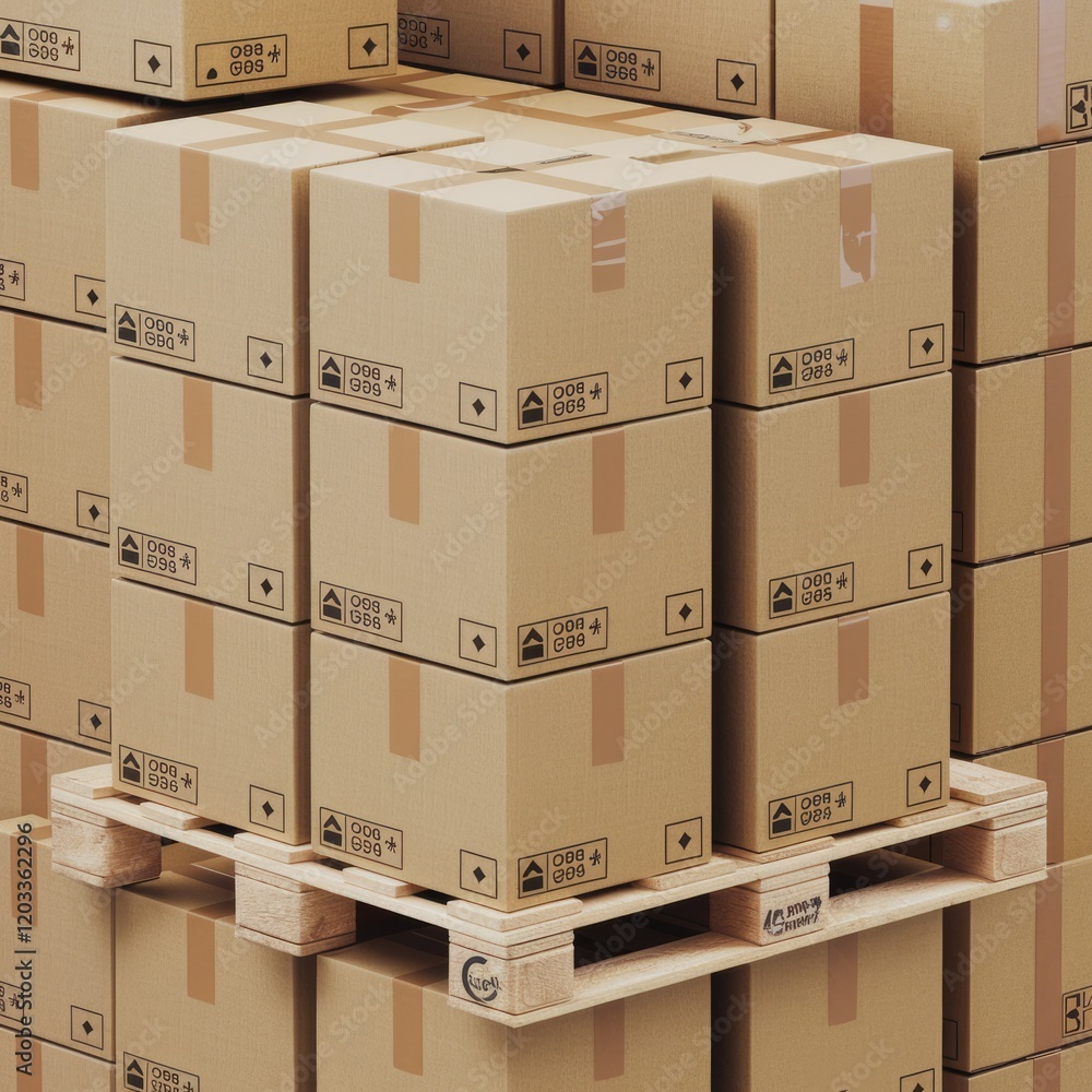 Poster a stack of cardboard boxes on a wooden pallet, ready for shipment or storage.