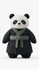 Adorable Plush Panda in Traditional Black and Green Robe on White Background