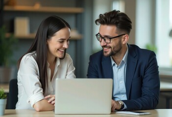 A businesswoman and a businessman working together on a laptop in the office
