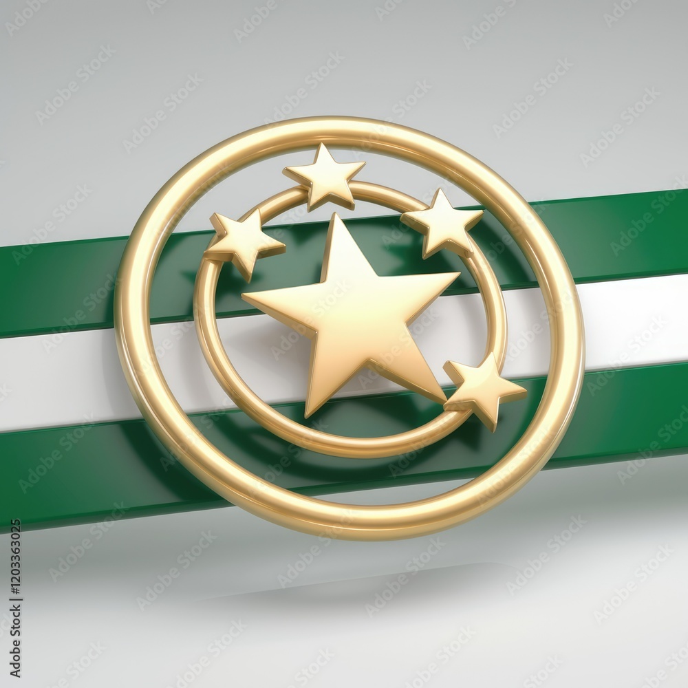 Poster a golden star encircled by four smaller stars within concentric circles on a green and white backgro