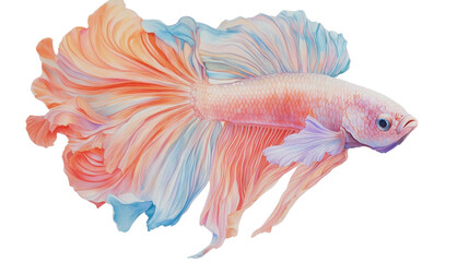 Obraz premium Colorful Siamese Fighting Fish Swimming in Clear Water with Orange, Red, and Gold Fins Isolated on White Background