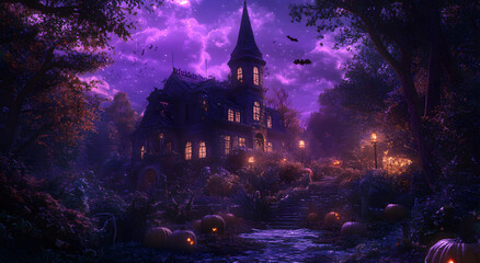 Obraz premium Haunted House Under a Purple Full Moon with Pumpkins and Spooky Atmosphere