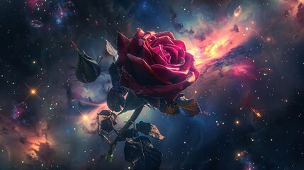 A single rose growing from a shattered astronaut helmet in space, surrounded by bright galaxies and colorful nebulae, photorealistic and hyper detailed