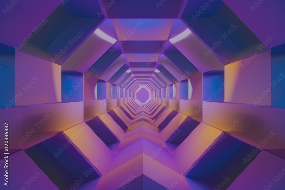 Poster abstract geometric tunnel with vibrant purple and orange neon lights creating a mesmerizing perspect