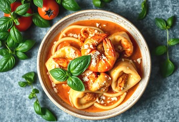 Delicious Italian Tortellini with Shrimp in a Creamy Tomato Sauce. A high-angle close-up view of a bowl of tortellini pasta with shrimp in a vibrant tomato-based sauce