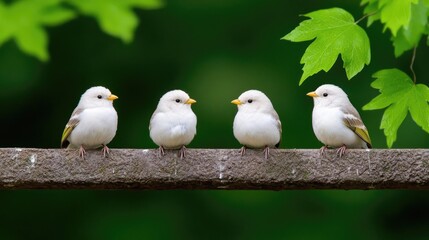 Four white birds perched on a fence, spring foliage background; nature, wildlife photography