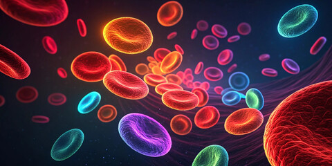 Neon color blood cell flow on dark background
