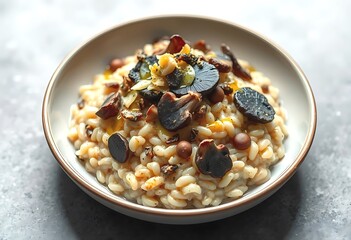Delicious Creamy Mushroom Risotto in a Stylish Bowl. Close-up of a bowl of creamy mushroom risotto