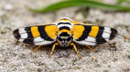 A yellow and black moth sitting on a rock