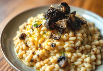 Delicious Creamy Mushroom Risotto, Ready to Eat. Close-up of a creamy flavorful mushroom risotto