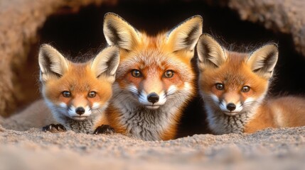 Obraz premium Red fox family at den entrance, wildlife, nature