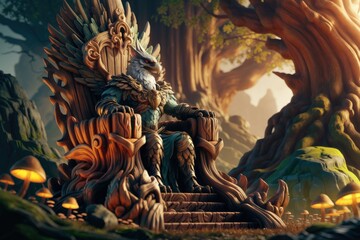 A majestic griffin, adorned in ornate armor, sits upon a grand wooden throne in a mystical forest.