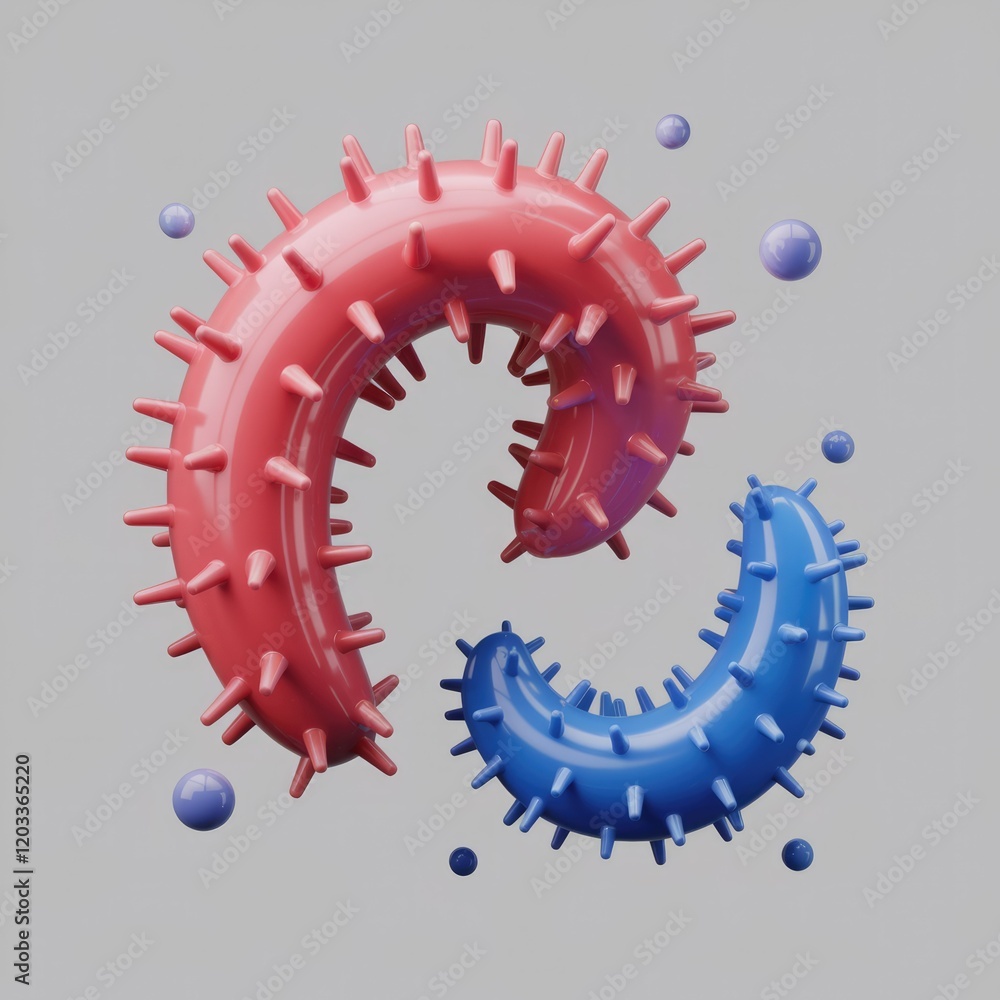Poster abstract 3d render of two intertwined, spiky, colorful shapes.