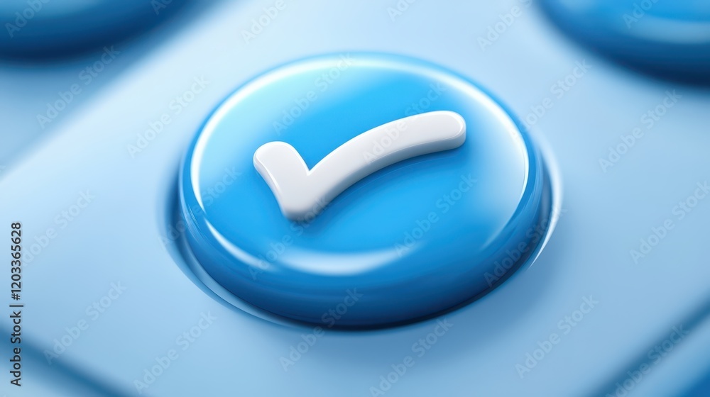 Poster blue confirmation button with a white tick symbol, visual representation of approval and success