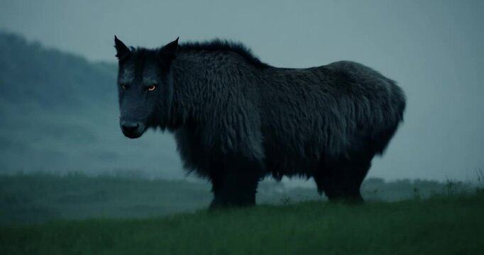 A predator shedding its sheep disguise, slowly walking away from a field as it transitions from innocent to revealing its true nature.