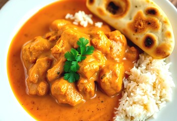 Delicious Chicken Tikka Masala with Rice and Naan. Close-up of a vibrant Chicken Tikka Masala dish served with fluffy rice and a piece of warm naan bread