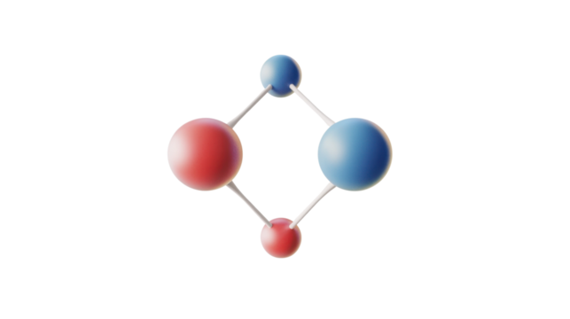 3D model of a molecule and atom with chemical structure and elements like carbon and hydrogen, showcasing spheres and abstract representation for science and research