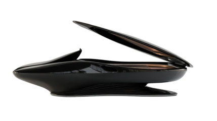 A close-up of a black purse and belt with metal tools and equipment like a knife and scissors isolated on a white background