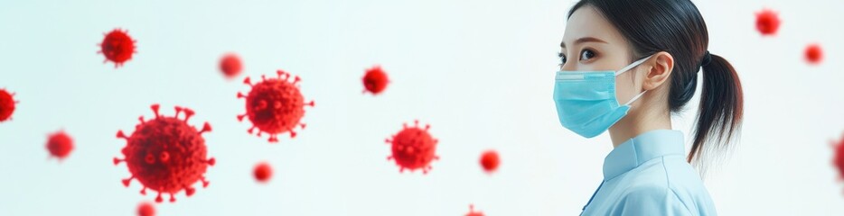 A health professional wearing a mask stands in a clean environment, illustrating the importance of safety measures. The background features representations of viruses, underlining health concerns.