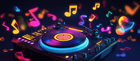 Neon Nights: A Vibrant Vinyl DJ Setup with Glowing Musical Notes
