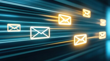 Seamless communication, row of email icons on vibrant blue background representing connectivity