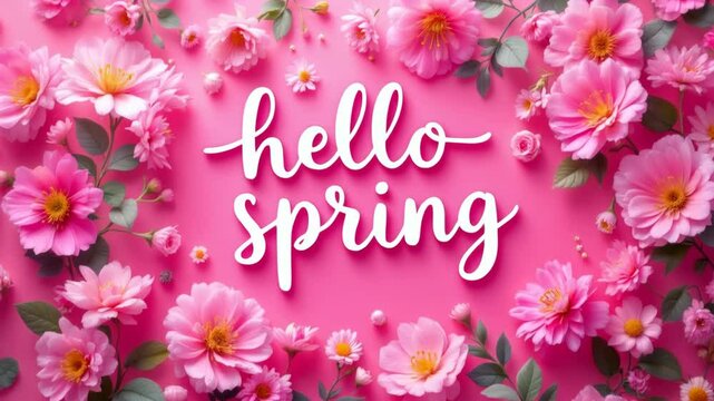 Text hello spring on pink flower background. spring season with plants, leaves and colorful flowers. Begin springtime. Floral spring concept.