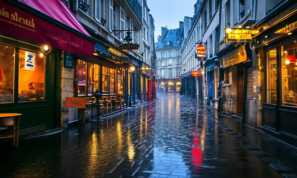 Rain-soaked Parisian street with vibrant cafes at dusk