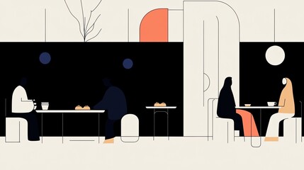 Minimalist Abstract Illustration of People Dining in a Modern Cafe Setting with Geometric Shapes and Neutral Colors