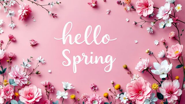 Text hello spring on pink flower background. spring season with plants, leaves and colorful flowers. Begin springtime. Floral spring concept.