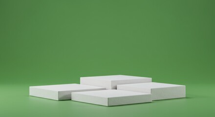 A minimalist product display featuring three white stone podiums against a vibrant green backdrop, with a visually appealing image