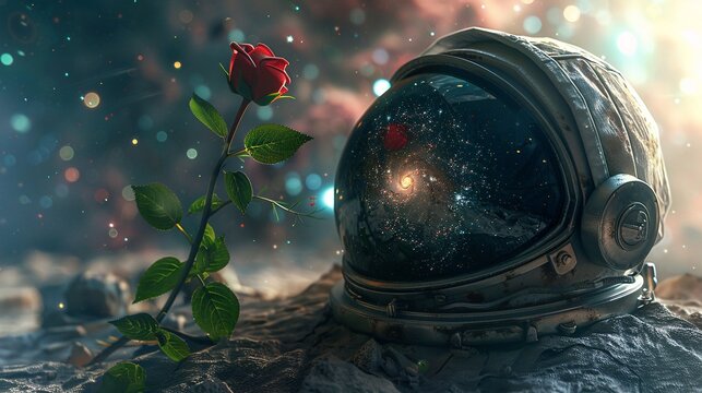 An astronaut helmet, broken and abandoned, with a rose sprouting from it, set against a detailed galaxy and nebula background, 8k octane render with volumetric lighting