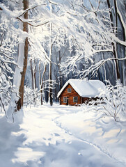 Cozy wooden cabin illuminated serene snowy forest night icy stream reflecting warm light winter landscape peaceful solitude nature rustic soft chilly crisp quiet frozen wood wallpaper print Christmas