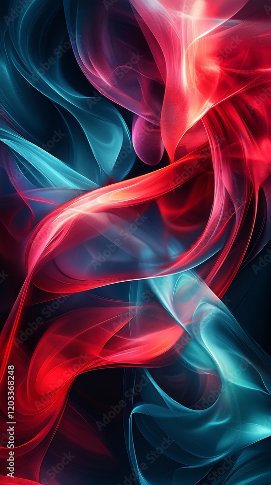 Poster striking combination of red and teal flowing curves with dynamic fluid lines and soft gradients that