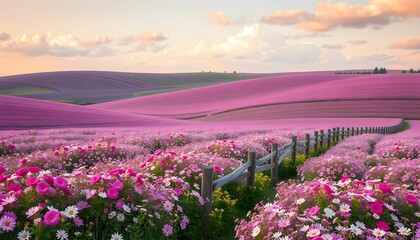 Obraz premium Vibrant Pink Flower Fields at Sunset