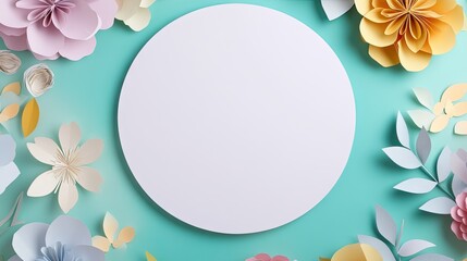 Naklejka premium Pastel Paper Flowers Encircling a Blank Circle on Turquoise Background