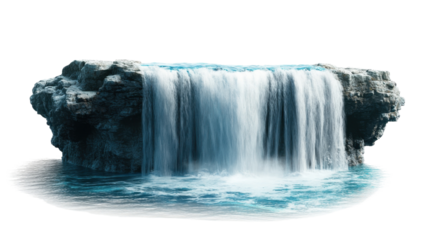A tall cascading waterfall with mist rising around it, isolated on a white background. 